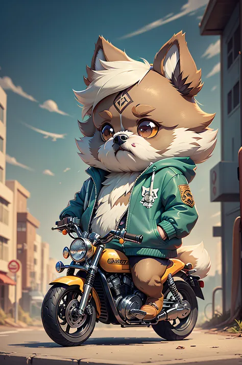 C4tt4stic, Riding a motorcycle、Cartoon Shih Tzu dog in jacket and skateboard（Body hair is camel colored、Details of the appearance of the Shih Tzu dog