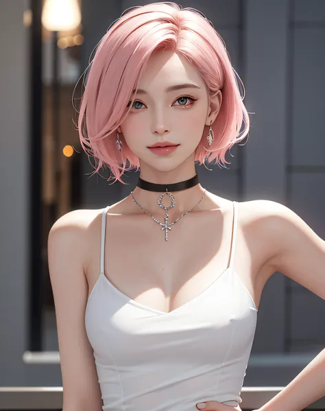 (Masterpiece, Best quality, 1girll, Solo, exquisitedetails, color difference), realisticlying, ((Medium breath)), short detailed hair, A pink-haired, Pink highlighted, Hair above one eye, Black eyes, 耳Nipple Ring, Sharp eyes，choker necklace，whitet-shirt，gu...