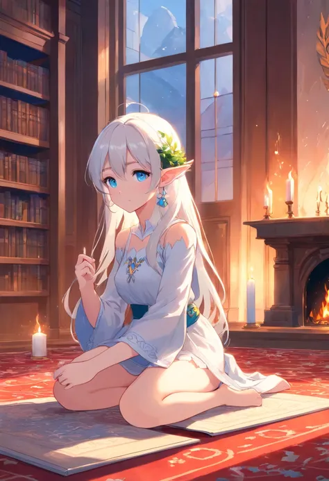 Elf Girl, white hair, long hair, blue eyes, earrings, sitting on the carpet, read book, white Greece dress, translucent dress, wreath, barefoot, fireplace, library in the castle