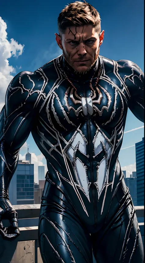 actor ((Jensen Ackles)) as ((Venom male)) from Marvel universe, (symbiote suit), (white spider sign on breast), on a roof of the scyscraper, sunlight, sunny day, intricate, high detail, sharp focus, dramatic, photorealistic painting art by greg rutkowski