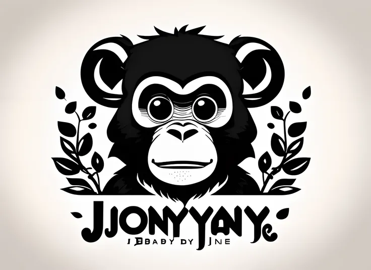 Logo design: monkey with text "J.Nguyen", line art, bold lines, playful, cute, highly detailed, high contrast, black and white, illustration, dark fantasy, font