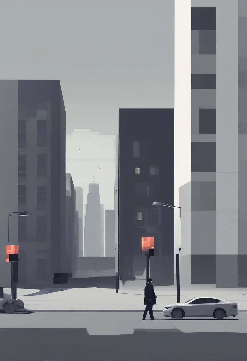 indie game art, simple, minimalist, gray colors, city landscape, geometric, dystopian, side view of street and buildings