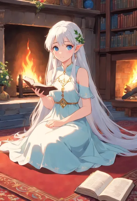 Elf Girl, white hair, long hair, blue eyes, earrings, sitting on the carpet, read book, white Greece dress, translucent dress, wreath, barefoot, fireplace, library in the castle