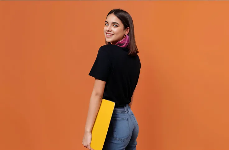 Mulher na camisa preta e jeans segurando uma pasta amarela, na frente de um fundo laranja, foto da mulher jovem, vestindo uma camiseta laranja, vestindo uma camiseta laranja, solid background, wearing a dark shirt and jeans, fundo liso, Girl standing, hold...