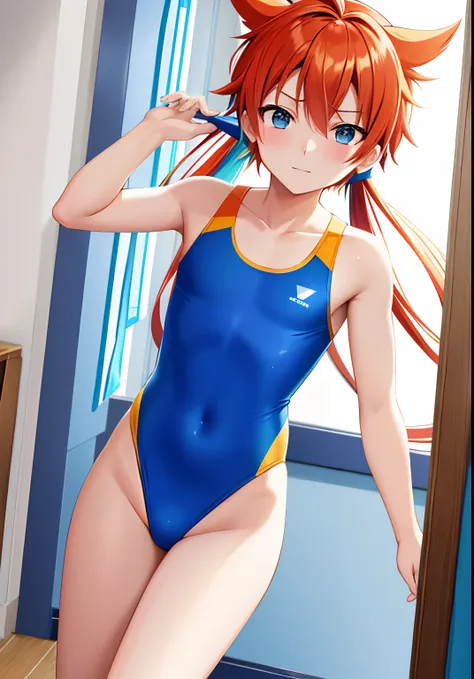 Anime boy in blue swimsuit posing in room, He has long orange-brown hair, Boy with orange long twin tail hair, Boy with long two side up hair in brown, Blue-eyed boy, garments:High-cut swimwear, wearing a swimming wear, Cool anime boy in blue tanksuit, Wea...