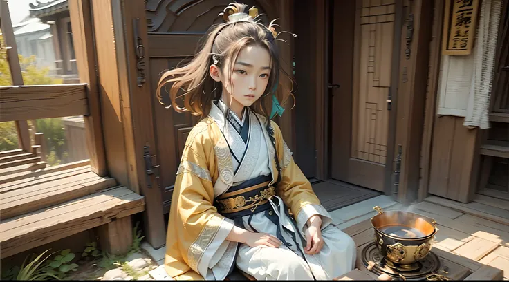 Close-up of a 9-year-old boy dressed in orange, Practice martial arts in Kakien. He sat at the stone table, In front of him lay a teacup. The boys hairstyle is inspired by children of the Tang Dynasty, Flowing hair covered the forehead. The surroundings ar...