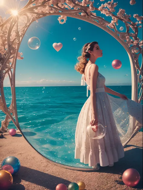 **surrealism, The heart of the dream, vintage fashion, editorial, Abstract art, emptiness, Bubbles and glitter, Natural sun light, Wonderland and ocean, Minimalism. --AR 16:9 --9 2 --s 750**