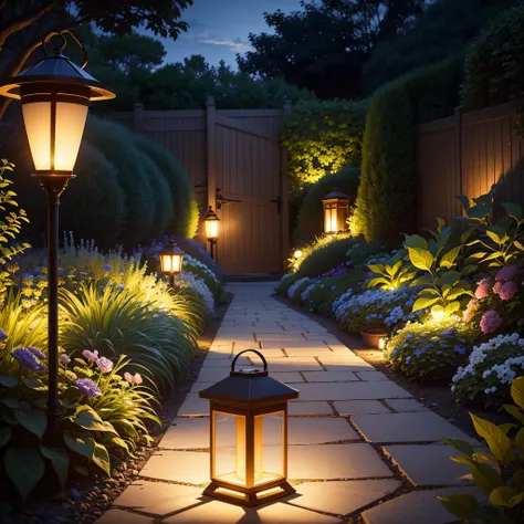 Garden with Solar-Powered Lanterns:
Solar-powered lanterns illuminating a garden create a peaceful and environmentally-friendly nighttime atmosphere. The soft, warm light enhances the natural beauty of the garden.