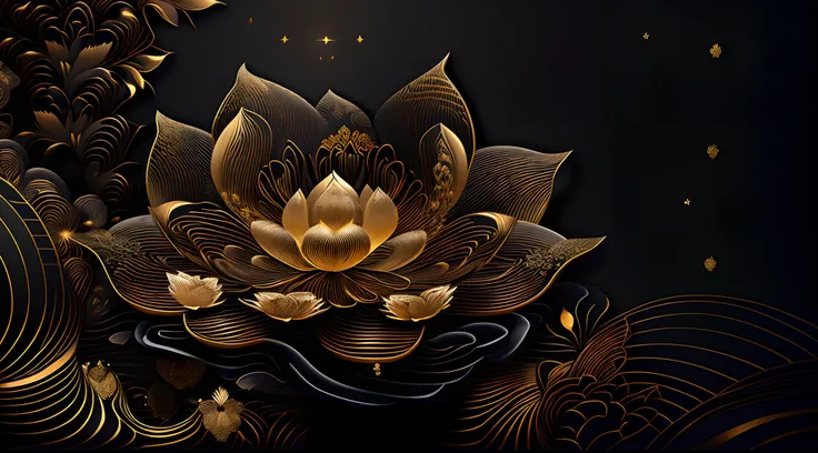 there is a gold flower on a black background with waves, lotus, glowing delicate flower, lotus flower, delicate detailing golden stroke, gold flowers, intricate gold elements, with lotus flowers, intricate gold linework, exquisite line art, gold detailed l...