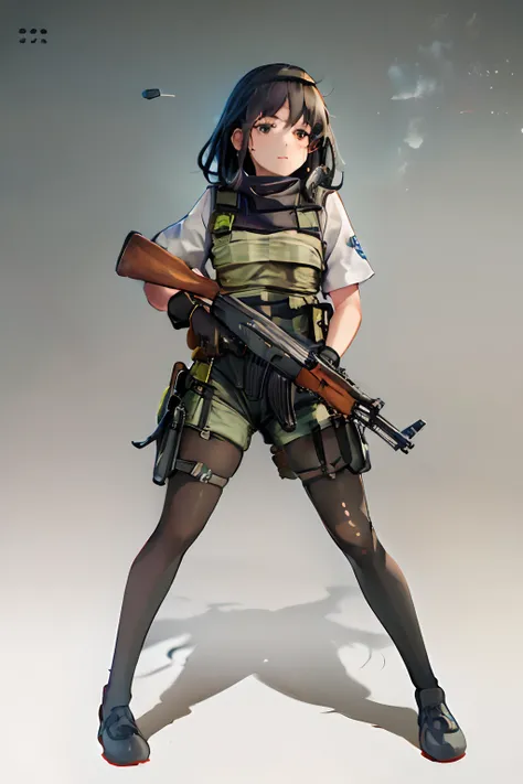 ((best quality)), ((masterpiece)), ((high res)), 1girl, muslim, brown eyes, full body, gloves, black hair, gun, holding and aimi...