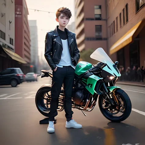 1 boy with light beard 19 years old he stand with a super bike ninja h2 , he wear a half pant , white shoes and black leather jacket