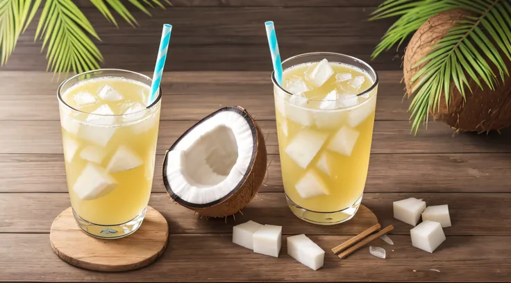 Realistic photo of a glass of coconut water，A glass，There is coconut water and straws in the cup，Nature background，There are coconuts on the wooden table