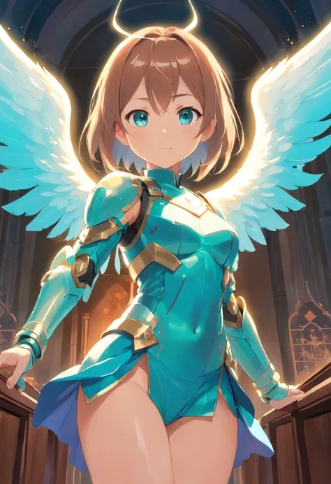 angelical，Teenage female，hair light，turquoise pupils，six-year-old angel，High & Cold，big breastes, nice ass，divine，Orus，royal sister，with a round face，Holding a Big Sword，metallic armor，churches, full - body, big thighs,