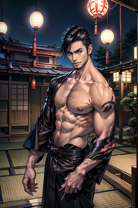 A handsome and strong Japanese yakuza 35 year old man standing in a Japanese garden late at night，Wear a full kimono，Black super short hair，Very masculine face shape，Wide face，Trimmed neatly trimmed beard，((Pale skin))，Fair skin color，Long slender figure，T...