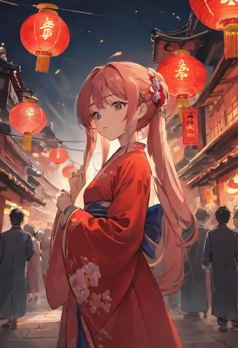 mid-autumn festival，celebration，A series of red lanterns，A young woman wears a red Chinese dress，Shoulders exposed，Clear detail，Face forward