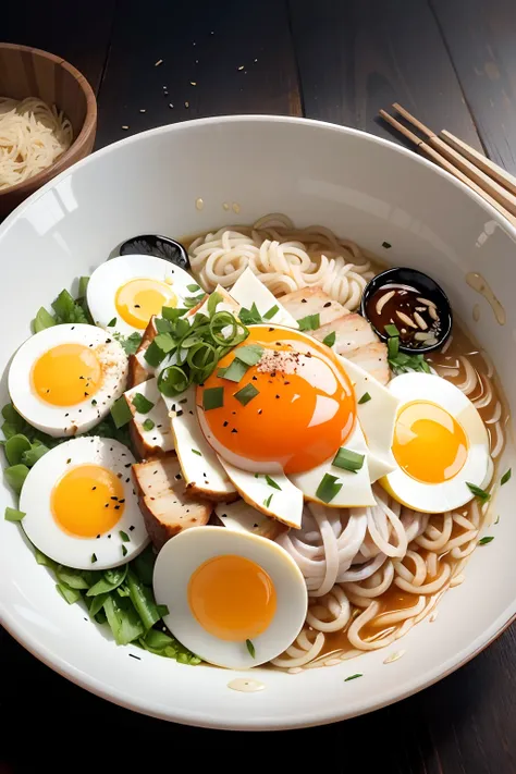 A platting of a bowl of ramen with noodles, broth, and toppings of pork, egg, and seaweed, printable --auto