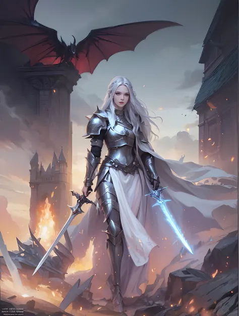 a woman with a sword in her left hand and a sword in her right hand walking through a fire, fantasy paladin woman, a beautiful silver white haired female knight, graphic artist magali villeneuve, gorgeous female paladin with a menacing smile, high quality ...