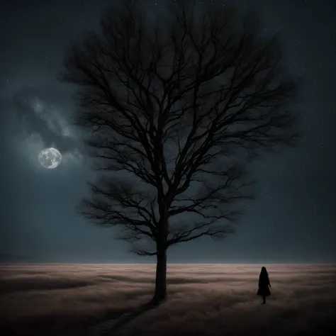 Death in the form of a woman walking in the wilderness, lonely tree, night