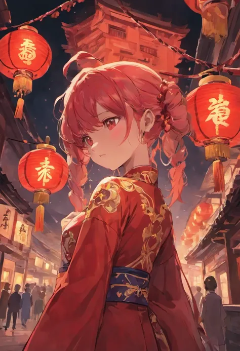 Mid-Autumn Festival，celebrating，A series of red lanterns，A woman wears a red Chinese dress，Shoulders exposed，Clear detail，orthofacial