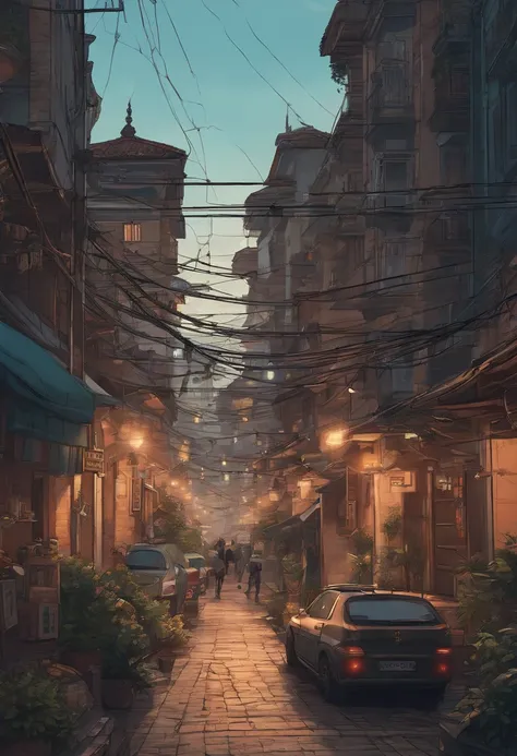 illustration of a street with a lot of buildings and a lot of wires, anime style cityscape, Italian city Teramo, anime style 4 k, inspired by Josan Gonzalez, anime art wallpaper 4k, anime background art, anime art wallpaper 4 k, inspired by Liam Wong, japa...