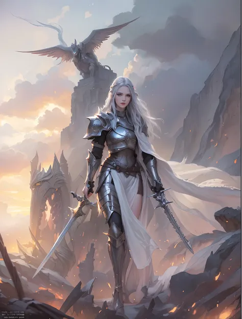 a woman with a sword in her left hand and a sword in her right hand walking through a fire, fantasy paladin woman, a beautiful silver white haired female knight, graphic artist magali villeneuve, gorgeous female paladin with a menacing smile, high quality ...