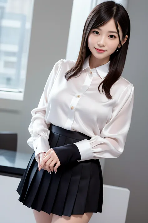 Japanese woman, beautiful face,  masterpiece, HD, photorealistic, smiling, seductive, office wear, wearing office clothes, ((long sleeve silk button blouse)), pleated ((silk)) ((skater skirt)),  sfw, formal, physics based rendering, sheer blouse sleeves