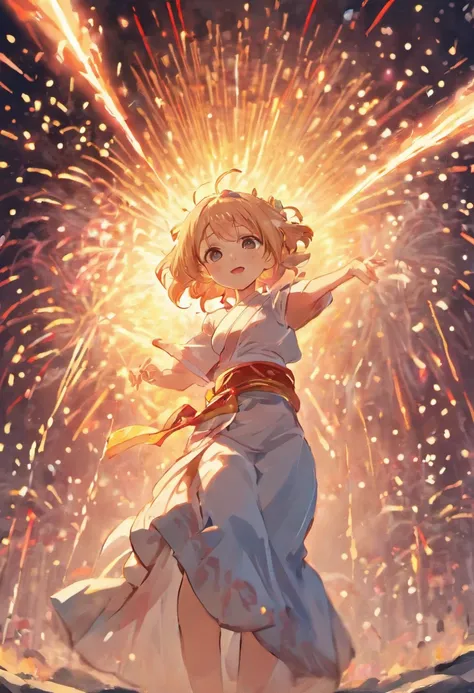 Summer Day Festival，fire works，A woman wears a light-colored Japanese yukata，Shoulders exposed，crisp breasts，cleavage，Clear detail，orthofacial