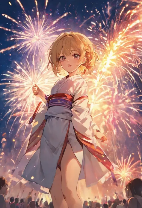 Summer Day Festival，fire works，A woman wears a light-colored Japanese yukata，Shoulders exposed，crisp breasts，cleavage，Clear detail，orthofacial