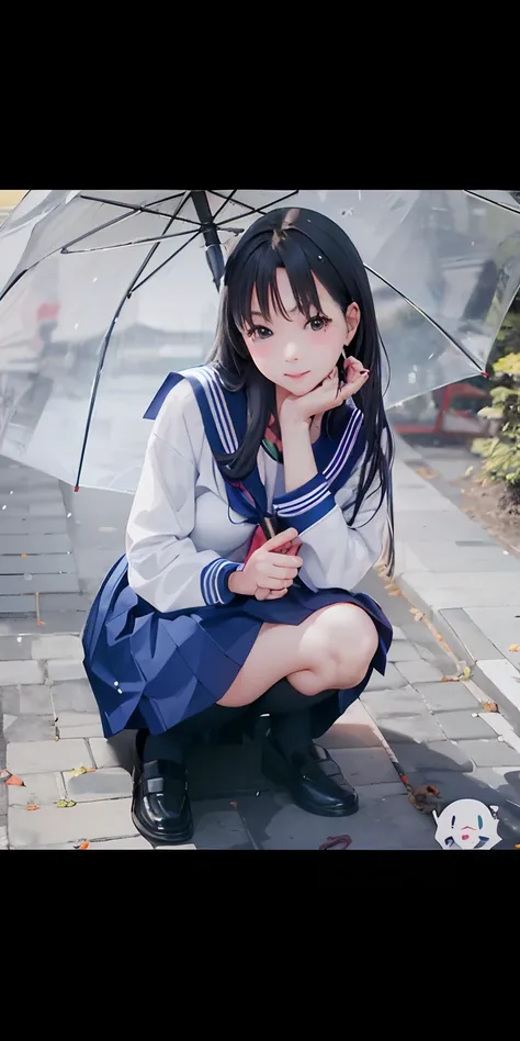 There is a woman kneeling on the ground with an umbrella, japanese girl school uniform, Japan school uniform, wearing japanese school uniform, Seifuku, chiho, Young Pretty Gravure Idol, Young Gravure Idol, Kimi Takemura, Japanese Models, beautiful anime hi...