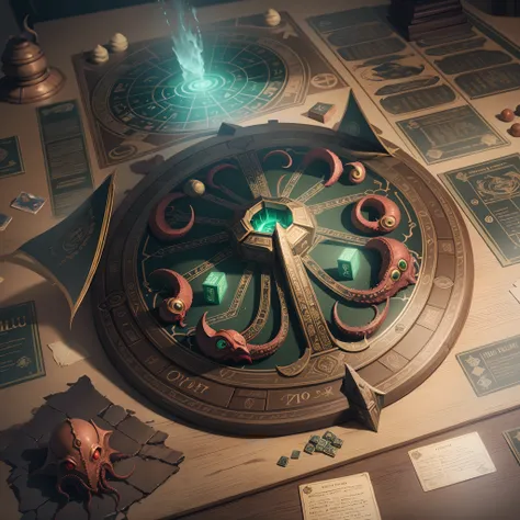 A huge board game based on the Cthulhu Mythos, rulebook, dynamic lighting, deep shadow, cinematic angle,