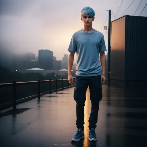 Teen male posing, ultrarealistic, skinny body, city, atmospheric, cute face, blue white hair, dead inside, brown shirt, cargo pants, bokeh, background blur, rain, fog, sunset, full body view, nikon d3500