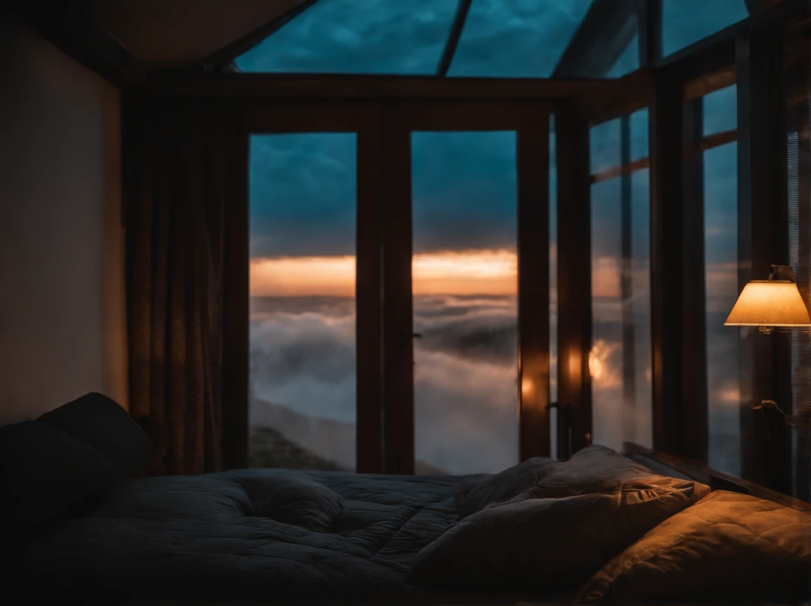 (masterpiece, bestquality),Bedroom with Ocean View,Outside the window,Its raining,Fog,Comfy bed.,Sea of clouds,warm,Evening lighting