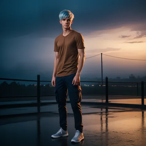 Teen male posing, skinny body, city, atmospheric, cute masculine square face, blue white hair, dead inside, brown shirt, cargo pants, bokeh, background blur, rain, fog, sunset, full body view