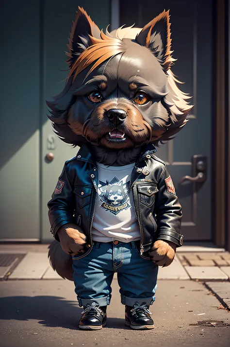 C4tt4stic,Cartoon Scottish Terrier Dog Riding Harley-Davidson in leather jeans（The specifics of the appearance of the Scottish Terrier dog、Lunette de soleil）