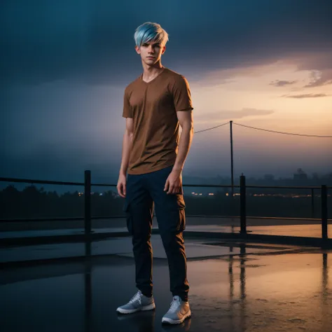 Teen male posing, skinny body, city, atmospheric, cute masculine square face, blue white hair, dead inside, brown shirt, cargo pants, bokeh, background blur, rain, fog, sunset, full body view