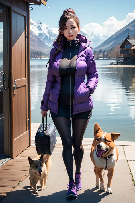 Make a woman with big breast, purple long winterjacket , with open zipper, with face, body, Lakeside house, travel bag, dog Nude