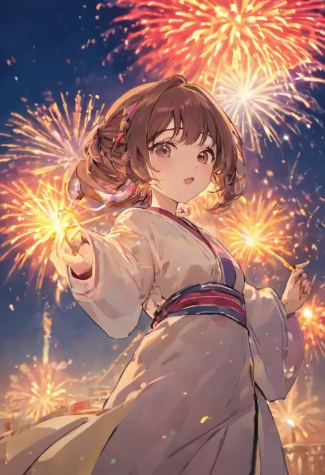 Summer Day Festival，fire works，Festival Background，A twenty-year-old woman wears a light-colored Japanese yukata，black color hair，Shoulders exposed，crisp breasts，cleavage，Clear detail，orthofacial