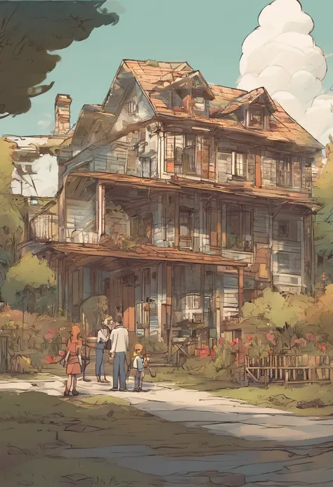 arafed image of a family of four standing in front of a house, concept art by Craig Thompson, trending on cg society, conceptual art, character art closeup, animated still, cartoon style illustration, official art, very stylized, animated film, telltale ga...