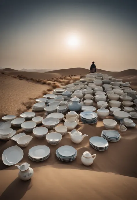 chinaware，Chinese porcelain is piled up in the desert，Irregular placement，Piled up into a hill，There was a man standing in the middle，Photographic works，Heads-up，baiyun，blue-sky，