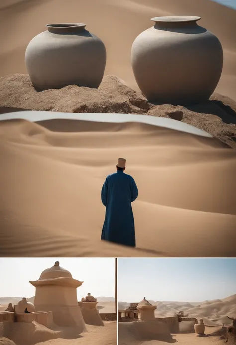 Huge porcelain，Chinese porcelain is piled up in the desert，Piled up into a hill，There was a man standing in the middle，Photographic works，Heads-up，baiyun，blue-sky，Detail presentation