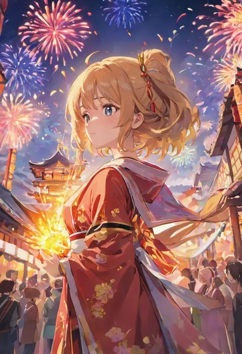 Summer Day Festival，fire works，Background of the ceremonial temple fair，A twenty-year-old woman wears a light-colored Japanese kimono，Black color hair，Shoulders exposed，crisp breasts，cleavage，Clear detail，orthofacial