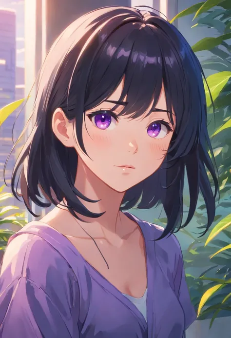 black colored hair，Woman，With a gentle expression，striated hair，Mole under the eyes，Rolling eyes、Eye Up、A detailed eye、Moist eyes、Bring tears to your eyes、Purple eyes