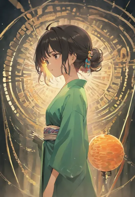 Spirited Aways background，A twenty-year-old woman wears a light-colored Japanese kimono，Black color hair，Shoulders exposed，crisp breasts，cleavage，Clear detail，orthofacial