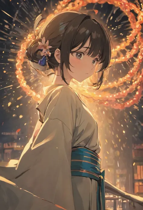 Spirited Aways background，A twenty-year-old woman wears a light-colored Japanese kimono，Black color hair，Shoulders exposed，crisp breasts，cleavage，Clear detail，orthofacial