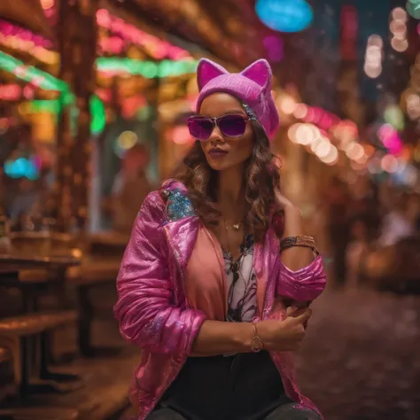 In a whimsical kawaii cafe, Kitten Fluffy, crafted from highly detailed curling, thin glowing multi-colored smoke, dons a rose flower hoodie and fancy funny stylish giant shiny sunglasses. Against a backdrop of vibrant neon typography spelling VIKUSIA, FAI...