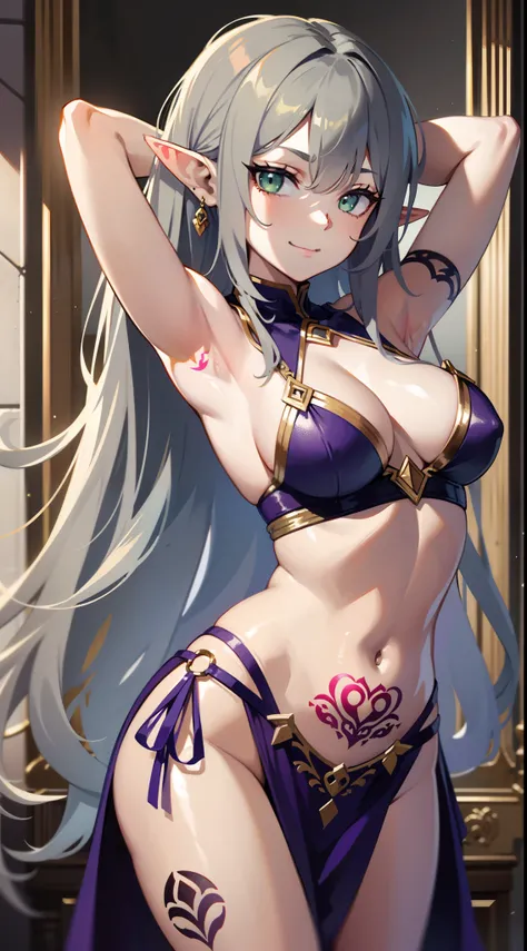 young girl, long gray hair, elf ears, Green eyes, smirk, tattoo, purple dress, Gold Elements, Sexy, Sleeveless, open breasts, flat chest, open belly, feet shoulder-width apart, hands behind head, Masterpiece, hiquality, 4k, HD, Good detail