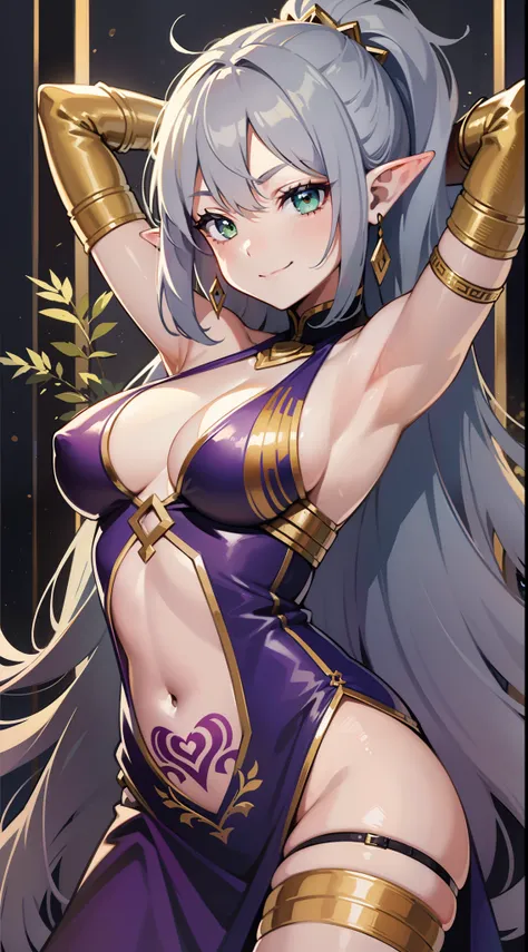 young girl, long gray hair, elf ears, Green eyes, smirk, tattoo, purple dress, Gold Elements, Sexy, Sleeveless, open breasts, flat chest, open belly, feet shoulder-width apart, hands behind head, Masterpiece, hiquality, 4k, HD, Good detail