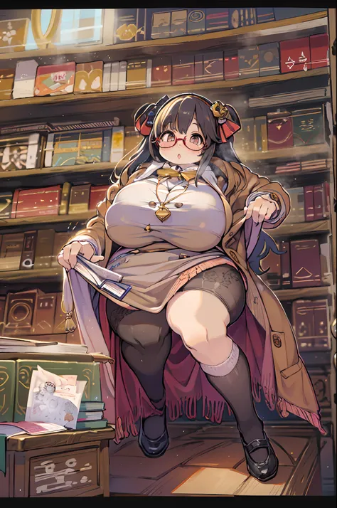 NSFW,Huge library、1 librarian、One Woman、small round glasses、huge-breasted、(((((bbw)))))、pantyshot 、 up skirt、From below、Panchira、big butts