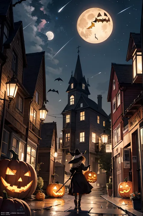 masuter piece、top-quality、32K、8K、absurderes、The best illustrations、Official art、Halloween、the witch、Ride a broom、nigh sky、flying though the air、Ghost pumpkin、You can see a big full moon in the colorful starry sky、You can see buildings and city lights at th...