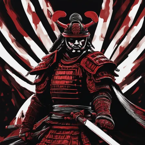 Metallic red and black samurai, marker, graphic lines, black background